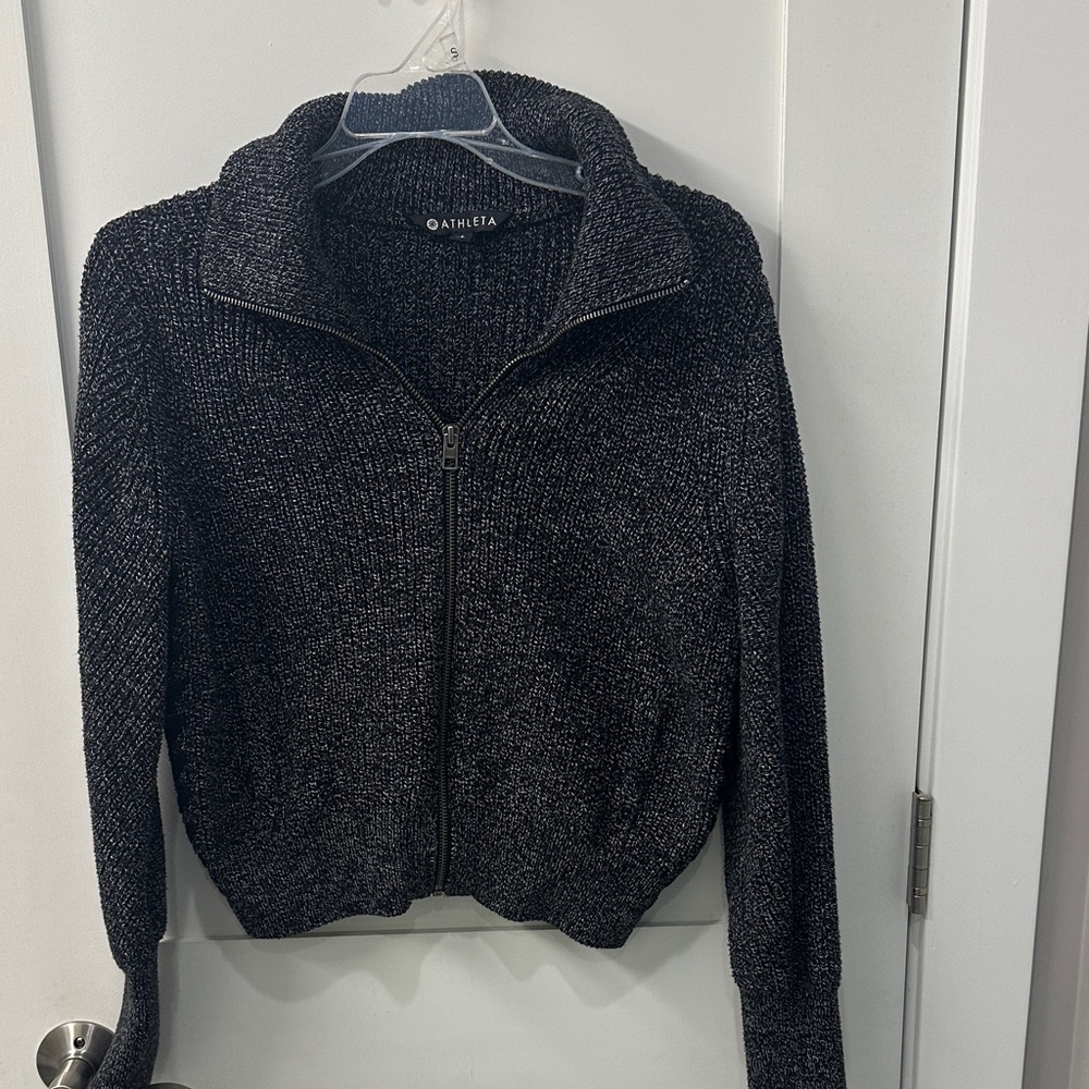 Athleta Black and White Knit Zip-Up Sweater